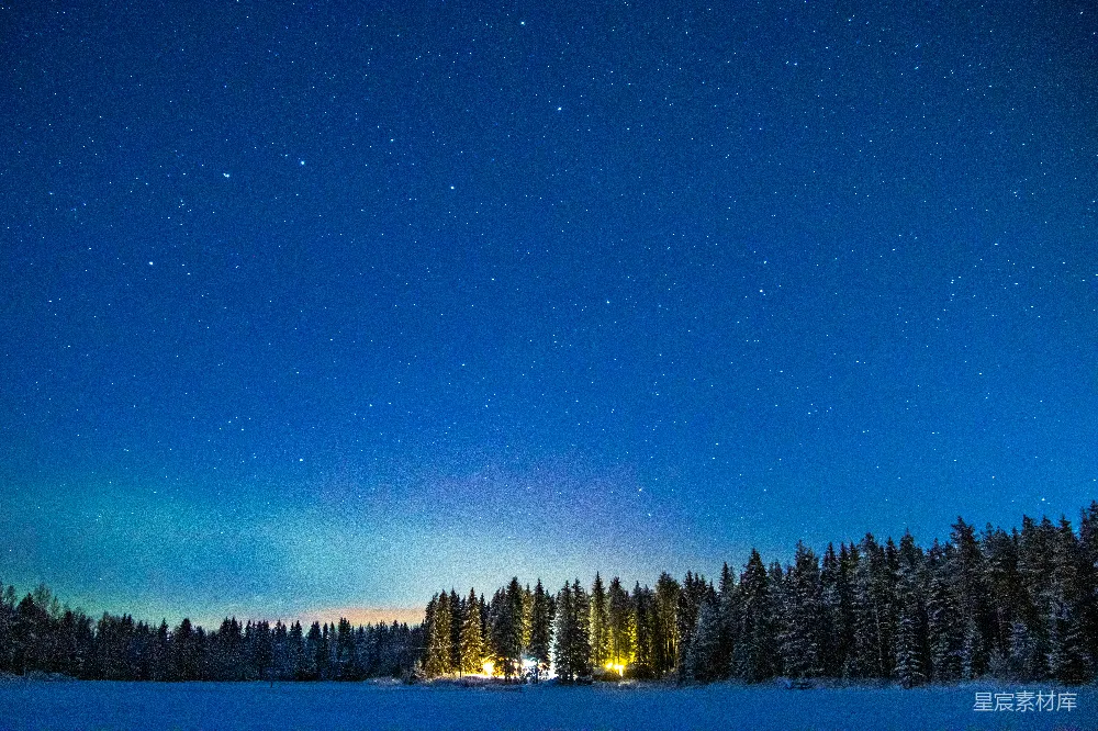 高清摄影 夜景 星空 雪景 自然 宁静 冬夜星河下的雪林