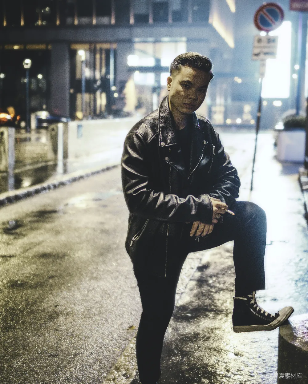 高清摄影 夜晚 街头 时尚 皮夹克 城市 夜色中的街头时尚