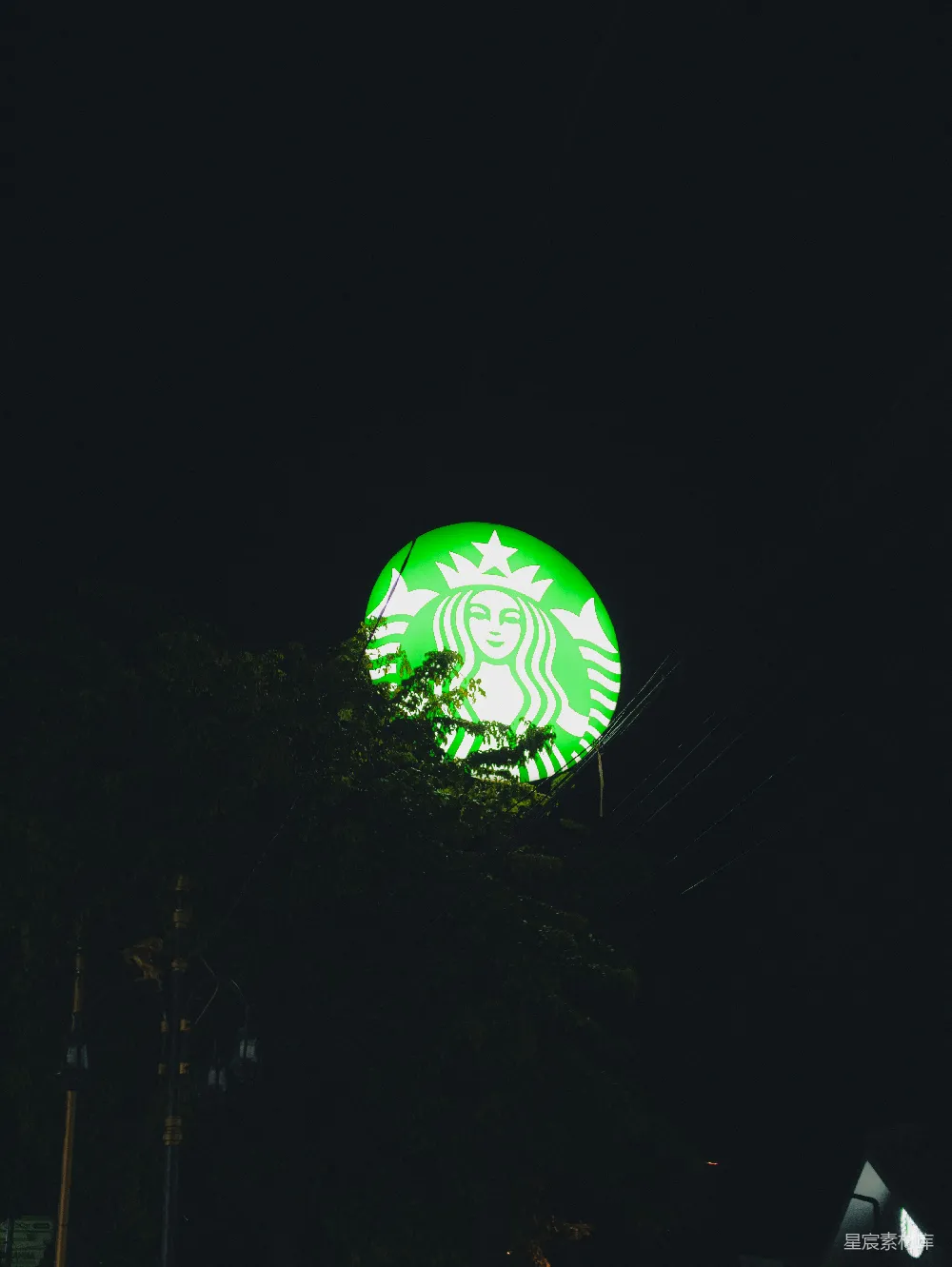 高清摄影 星巴克 夜晚 霓虹灯 标志 城市 夜晚霓虹下的星巴克标志