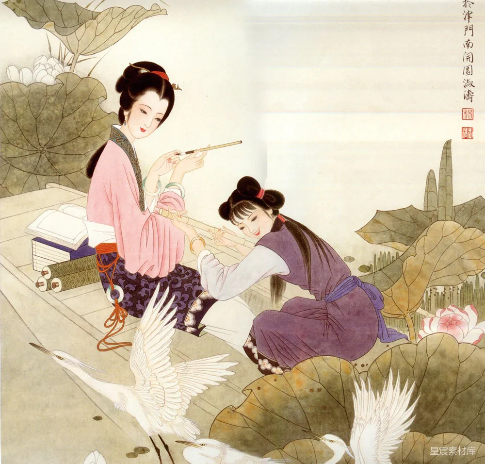 元素素材 古典艺术 仕女图 莲池 白鹤 传统绘画 莲池雅趣：古典仕女与白鹤