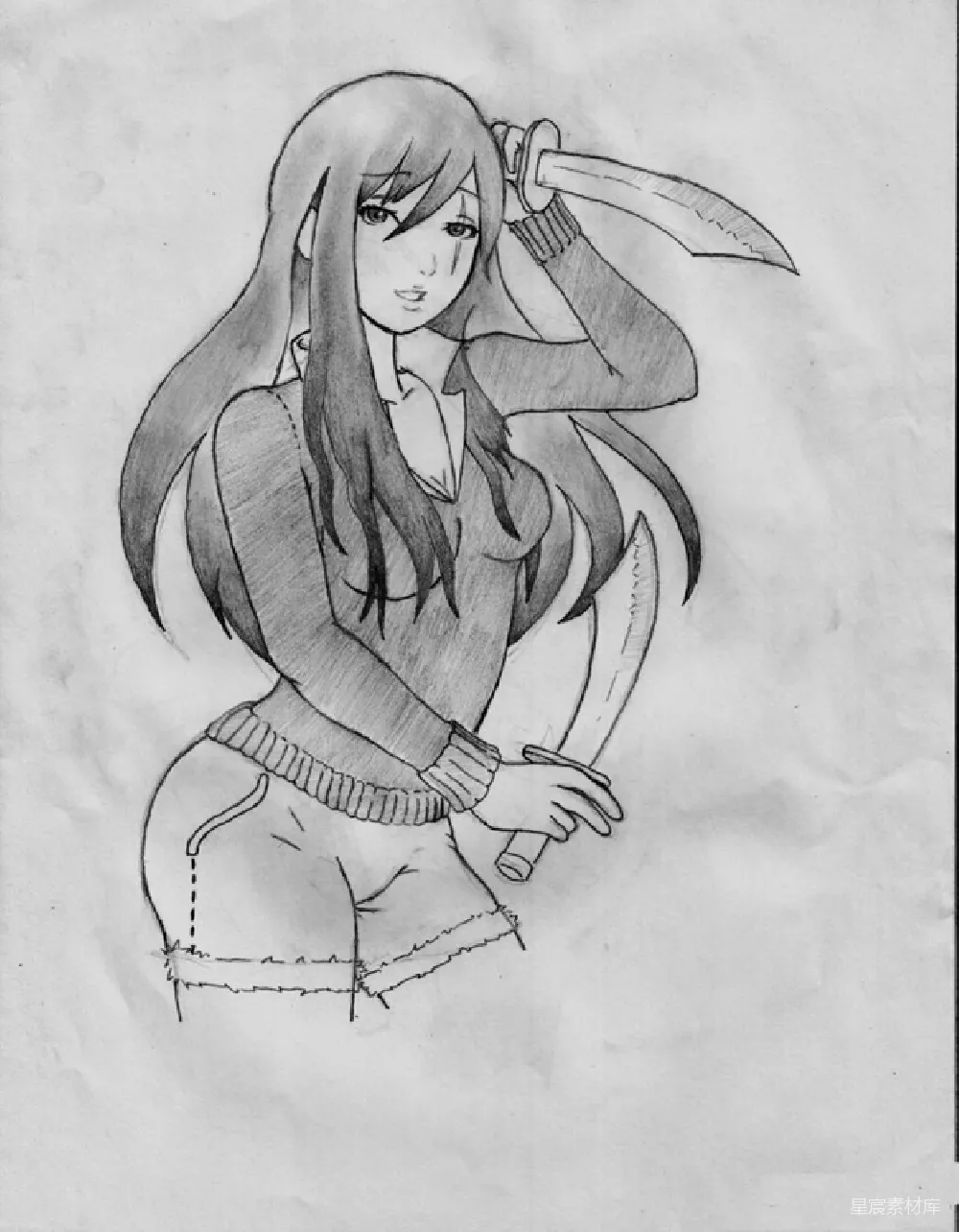 元素素材 素描 动漫风格 女性角色 镰刀 艺术插图 长发女孩手拿镰刀的素描