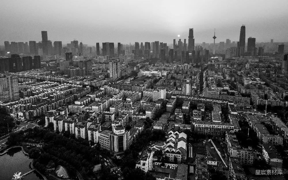高清摄影 城市 黑白色调 航拍 都市 清晨 雾中城市全景