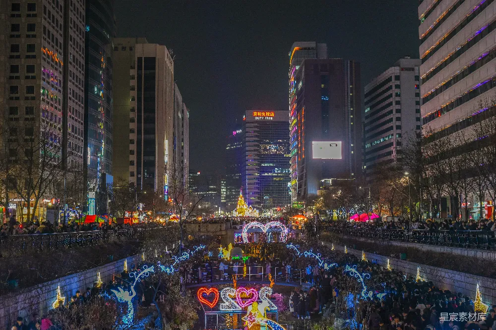 高清摄影 首尔 节日 灯光秀 城市夜景 旅游 首尔明洞节日灯光秀