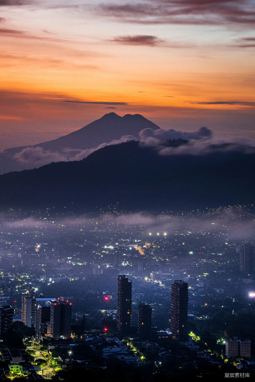 高清摄影 城市 日落 火山 自然风光 城市夜景 日落时分的城市与火山