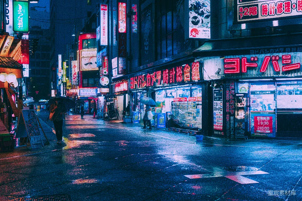 高清摄影 霓虹灯 雨夜 东京 商业街 夜景 霓虹下的雨夜街道
