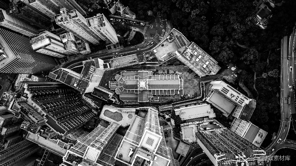 高清摄影 城市 鸟瞰 黑白 建筑 都市 都市鸟瞰：黑白建筑与道路交织