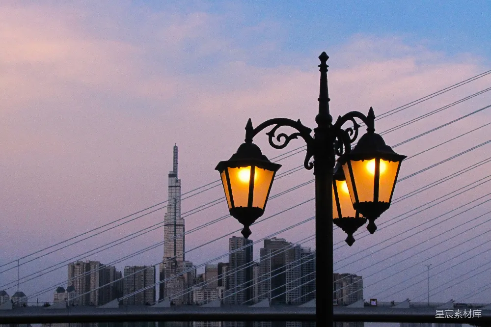 高清摄影 城市夜景 复古路灯 桥梁 城市风光 都市生活 城市夜景中的复古路灯
