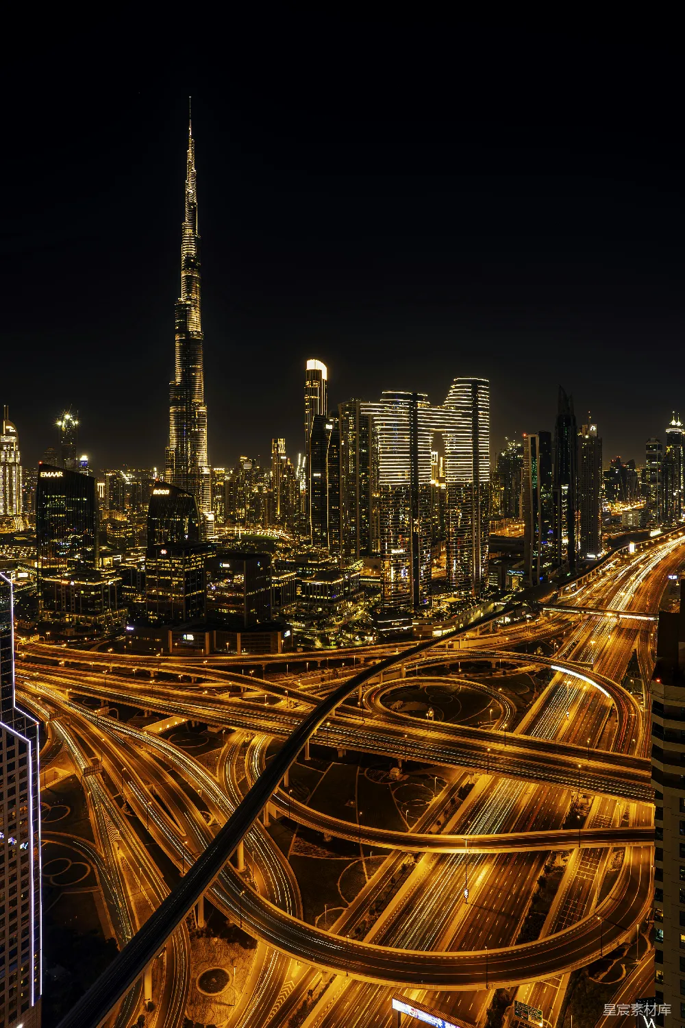 高清摄影 迪拜 夜景 城市天际线 交通 现代都市 迪拜夜景：高楼林立与繁忙交通