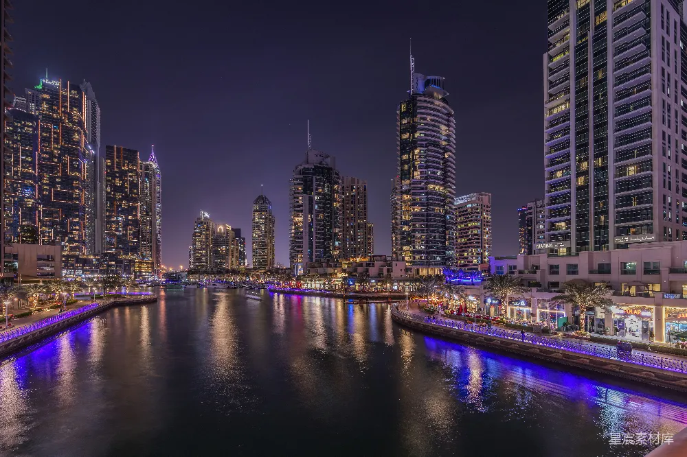 高清摄影 城市夜景 迪拜 摩天大楼 水岸风光 旅游景点 迪拜码头夜景