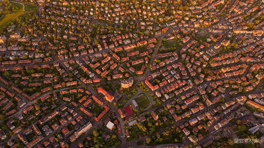 高清摄影 城市 鸟瞰 夕阳 住宅区 交通 夕阳下的城市鸟瞰图