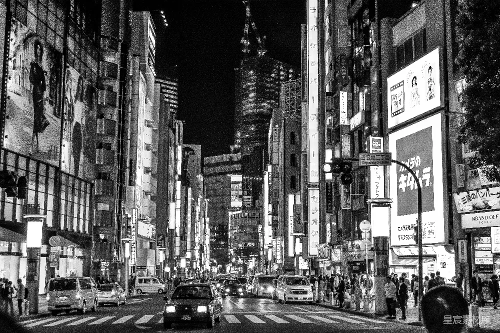 高清摄影 东京 夜景 都市 街道 黑白 夜幕下的东京繁华街景