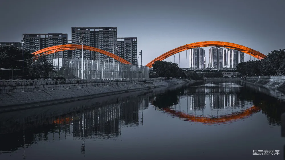 高清摄影 城市景观 桥梁 河流 现代建筑 城市风光 城市河流与橙色桥梁