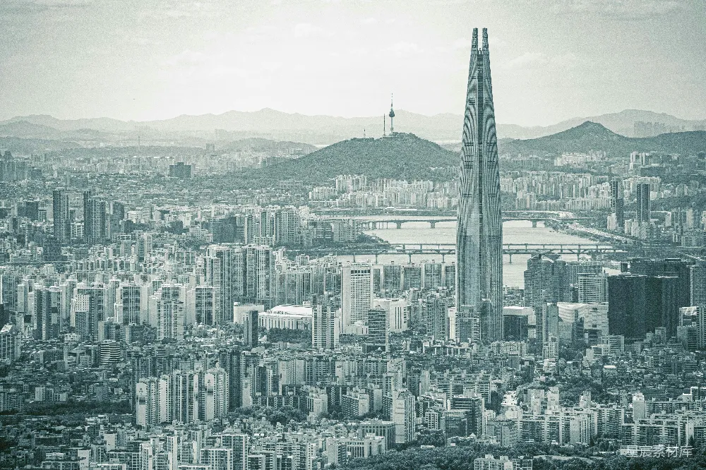 高清摄影 城市天际线 黑白风格 现代建筑 都市景观 旅游景点 韩国首尔城市全景