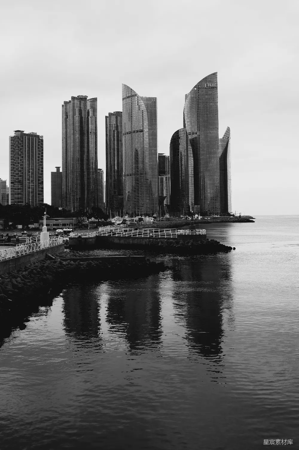 高清摄影 黑白 城市 建筑 海滨 现代 黑白色调的海滨城市天际线