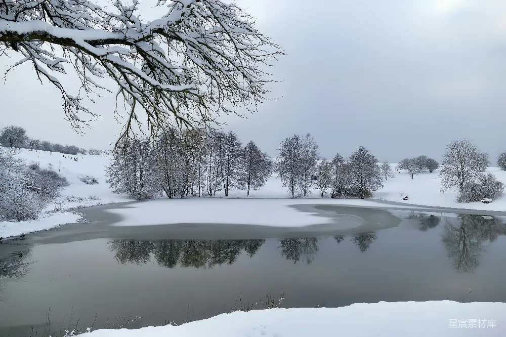 高清摄影 冬季 雪景 湖泊 静谧 自然 冬日雪景中的静谧湖泊