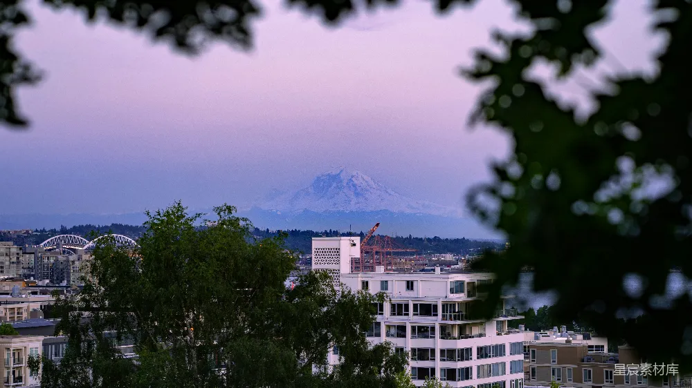 高清摄影 城市风光 自然景观 雪山 清晨 都市 城市与雪山的静谧一瞥