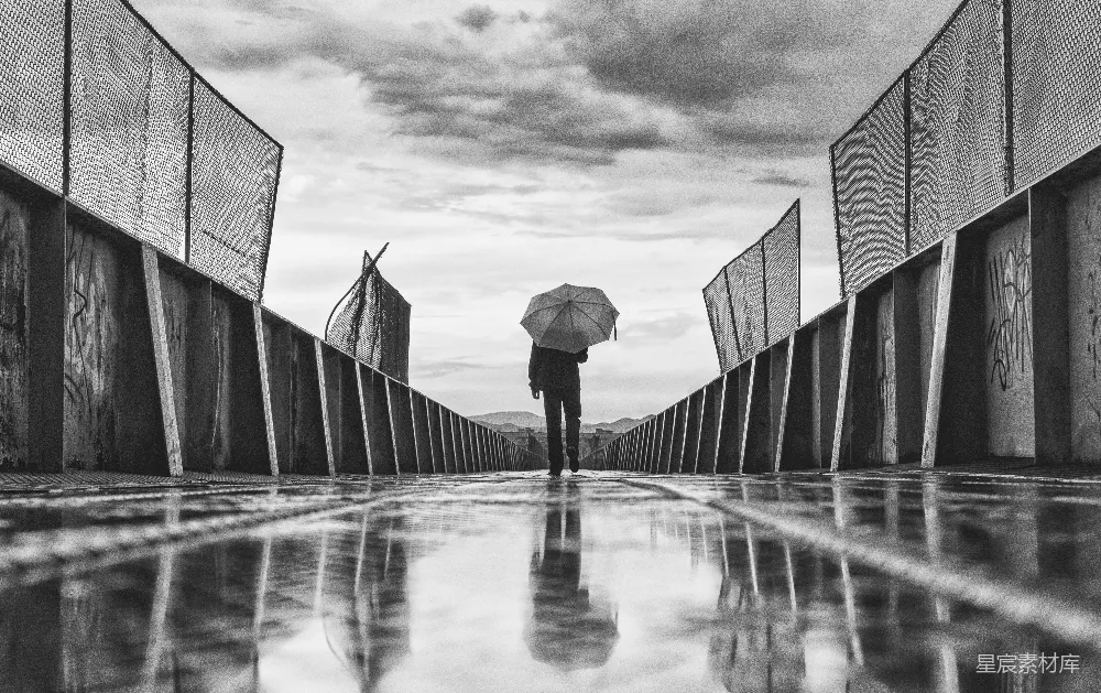 高清摄影 雨伞 孤独 黑白色调 城市景观 情绪表达 雨中的孤独背影