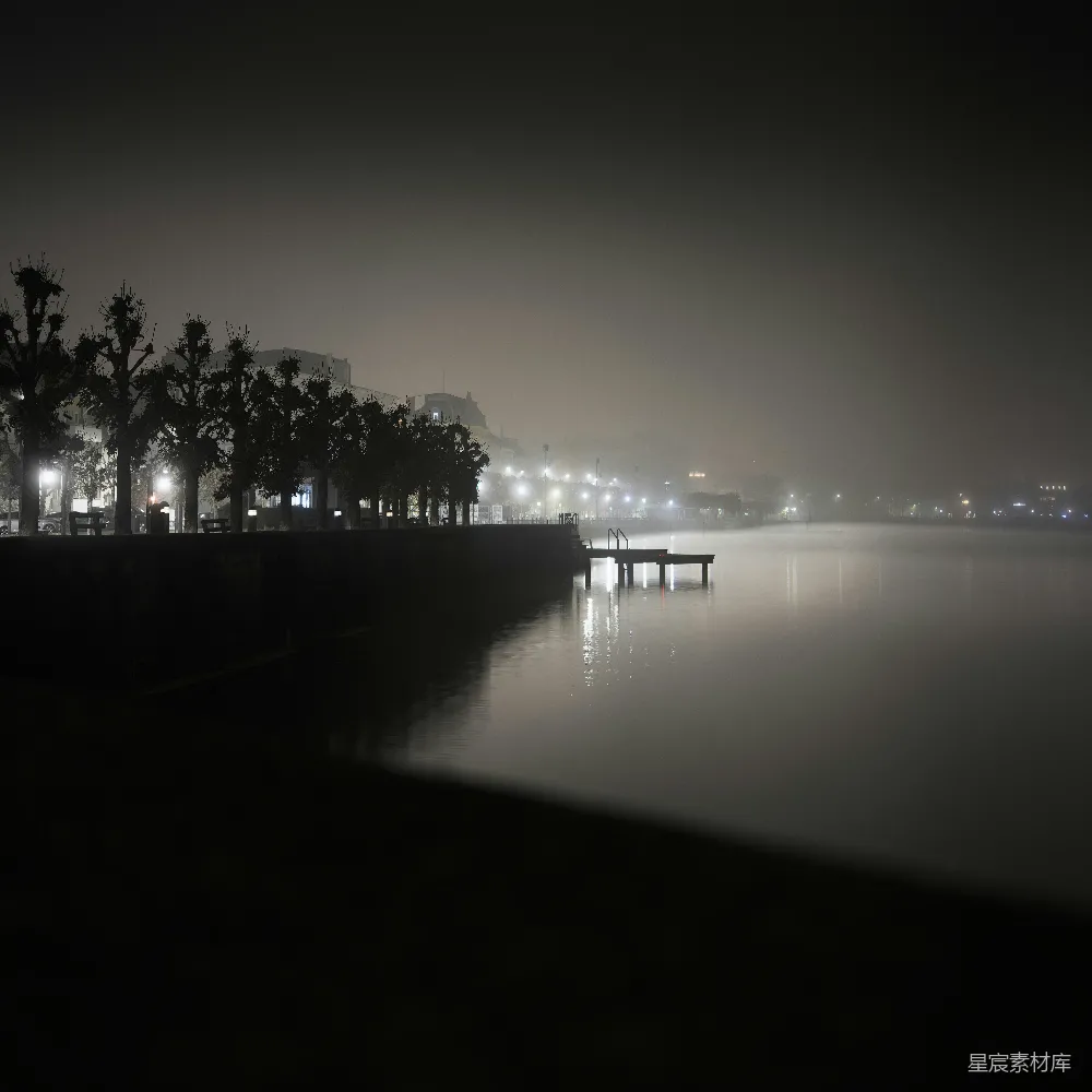高清摄影 雾 湖畔 宁静 夜晚 城市 雾中的宁静湖畔