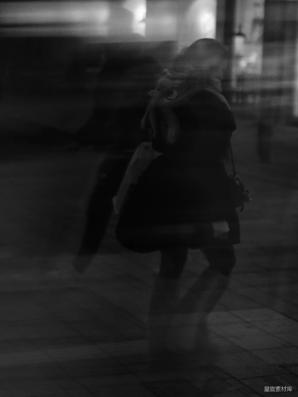 高清摄影 夜景 人物 孤独 城市 黑白色调 行走在夜幕下的背影