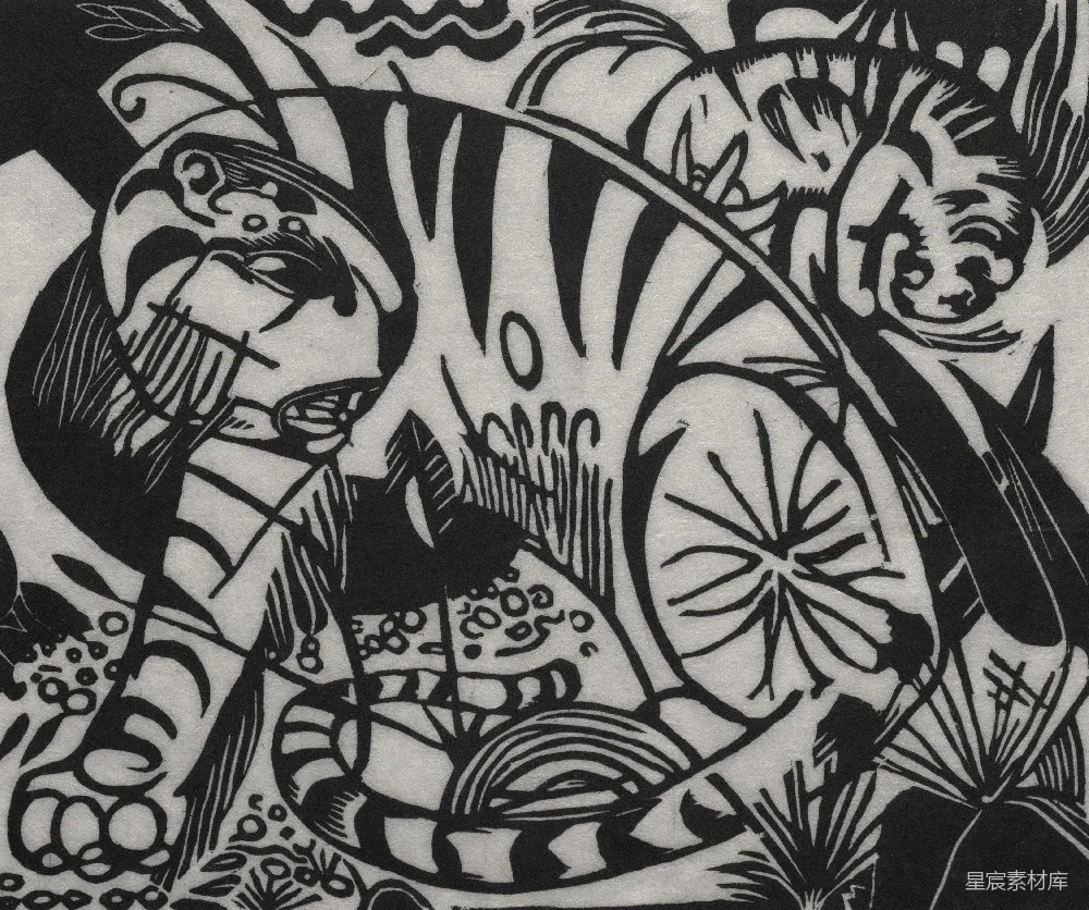 高清摄影 黑白木刻 版画艺术 人物插画 自然元素 艺术设计 黑白木刻版画艺术：人物与自然的和谐共舞