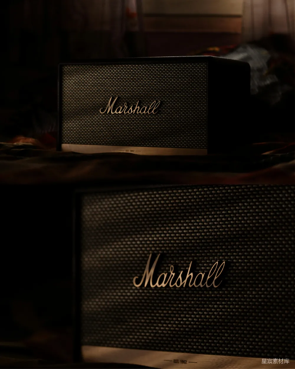 高清摄影 Marshall 音箱 经典设计 室内场景 音乐设备 Marshall音箱特写：经典设计与质感