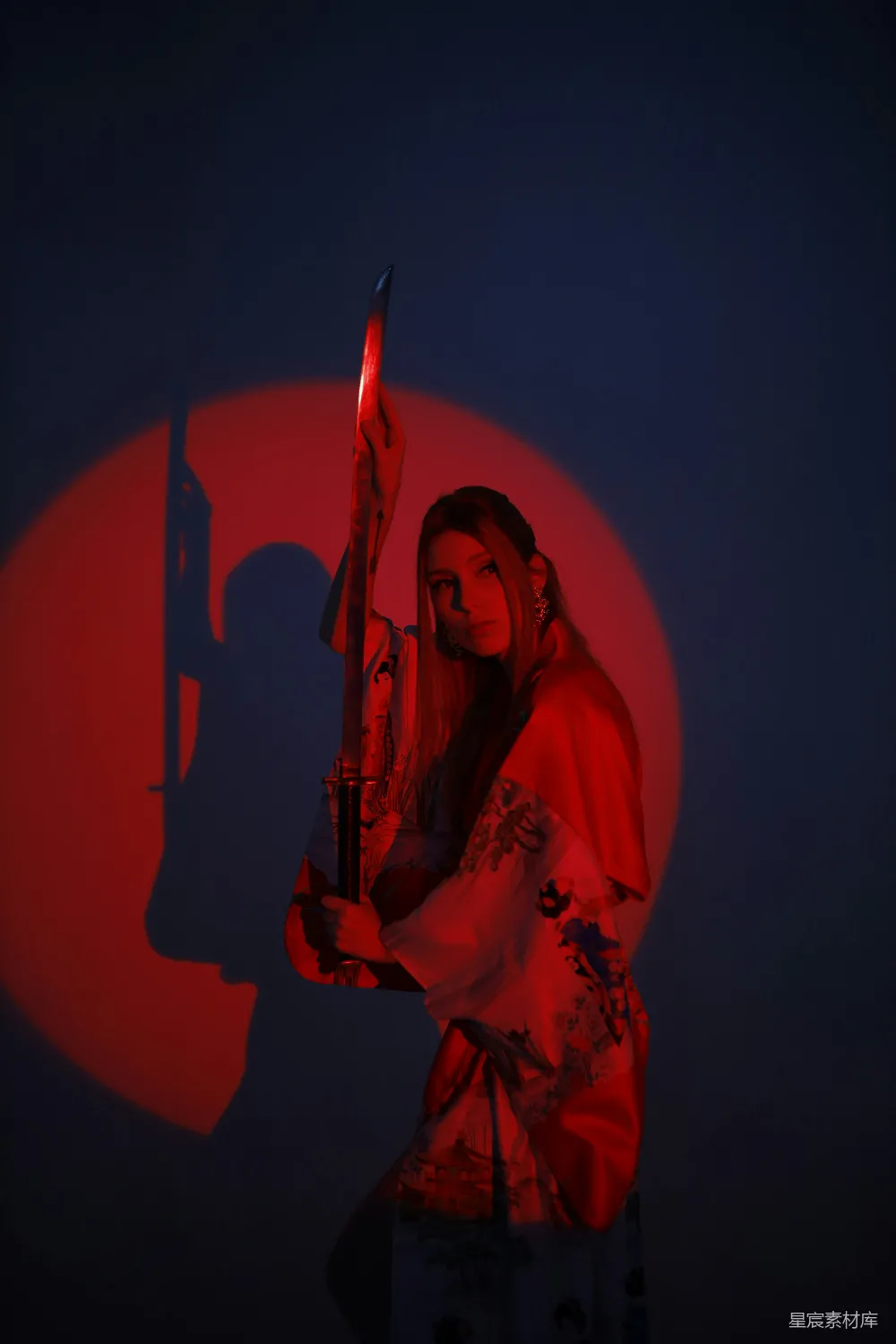 高清摄影 武士 红月 和服 刀 神秘 红月下的武士