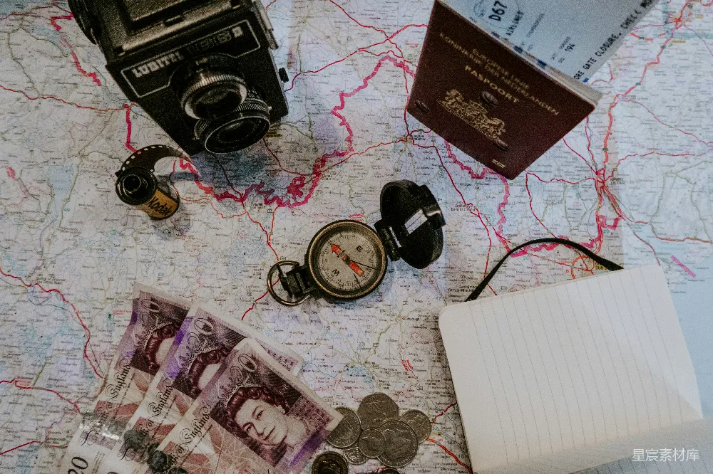 高清摄影 旅行 地图 相机 护照 指南针 旅行准备：地图上的必备物品