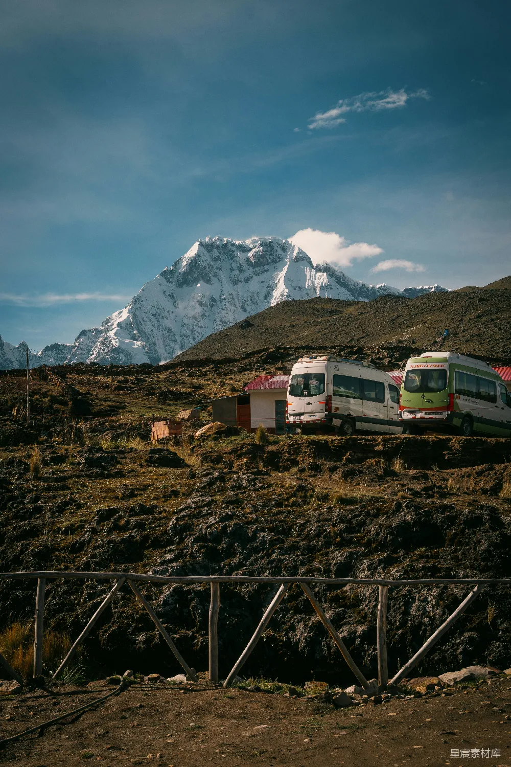 高清摄影 雪山 旅行车 风景 户外 旅途 雪山下的旅行车