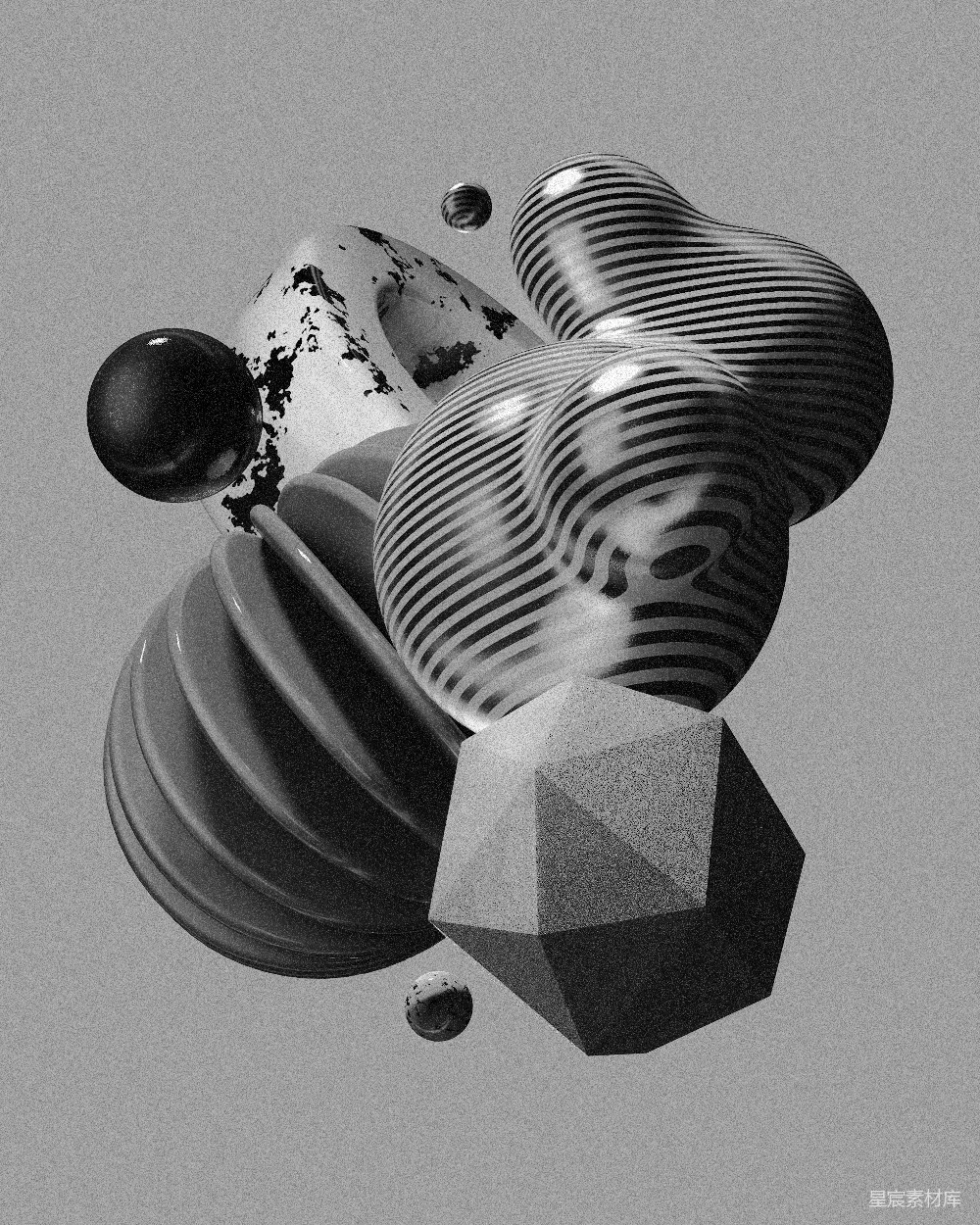 高清摄影 3D渲染 抽象艺术 黑白对比 几何图形 现代艺术 流动的几何形态