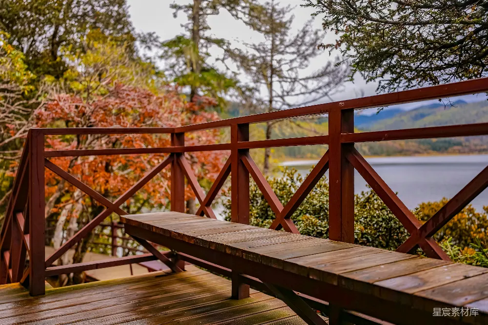 高清摄影 秋天 自然 户外 风景 休闲 秋日湖畔的木质长椅