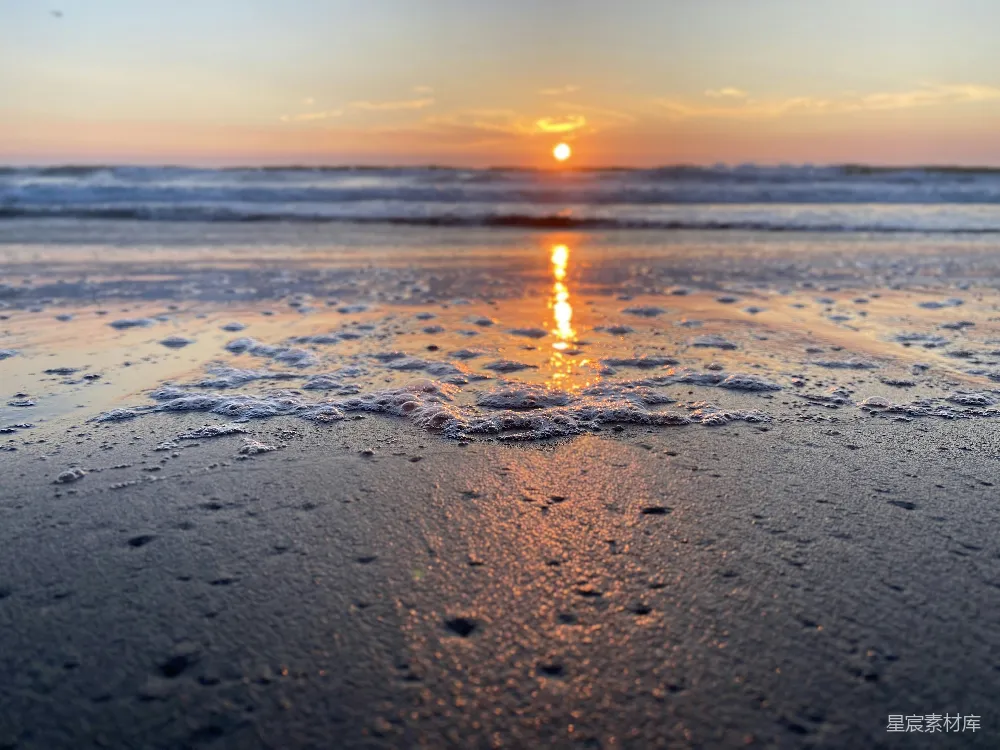 高清摄影 海滩 日落 自然 宁静 摄影 夕阳下的海滩泡沫