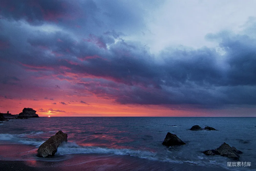 高清摄影 日落 海滩 岩石 宁静 自然 暮色海景