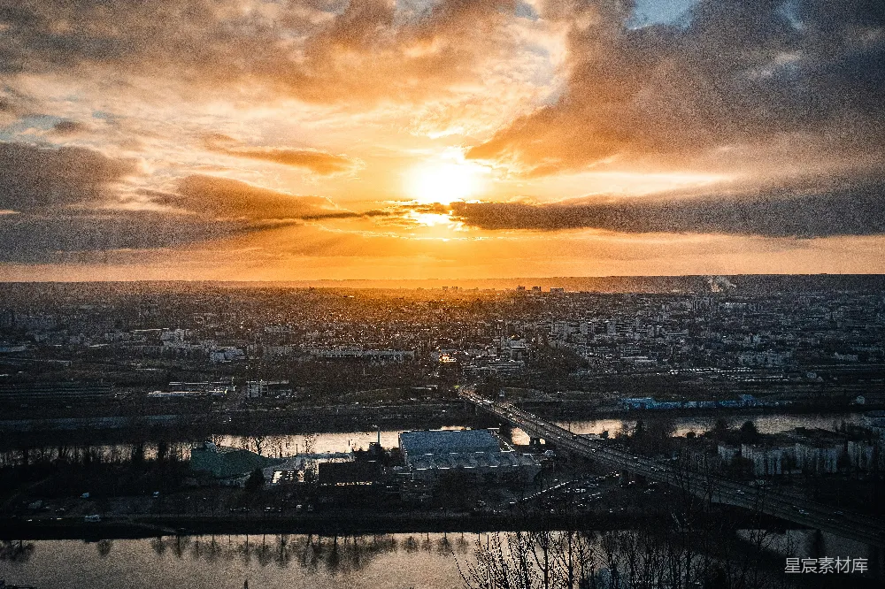 高清摄影 城市 夕阳 风景 桥梁 河流 夕阳下的城市全景