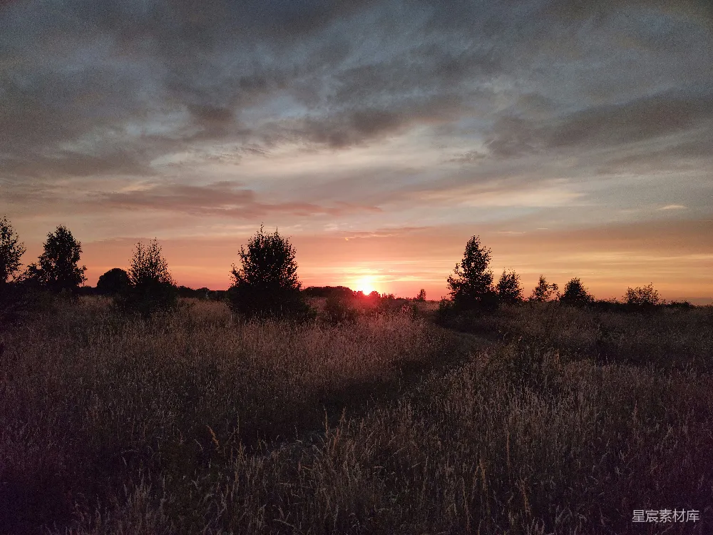 高清摄影 田野 日落 自然风光 宁静 乡村 夕阳下的田野
