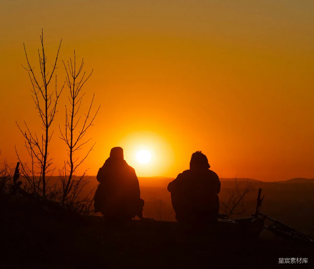 高清摄影 夕阳 剪影 自然 户外 放松 夕阳下的二人剪影