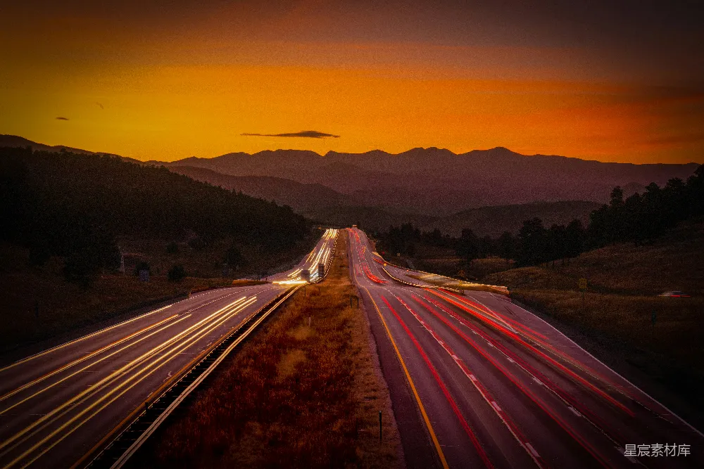 高清摄影 夕阳 高速公路 长曝光 自然风光 旅行 夕阳下的高速公路