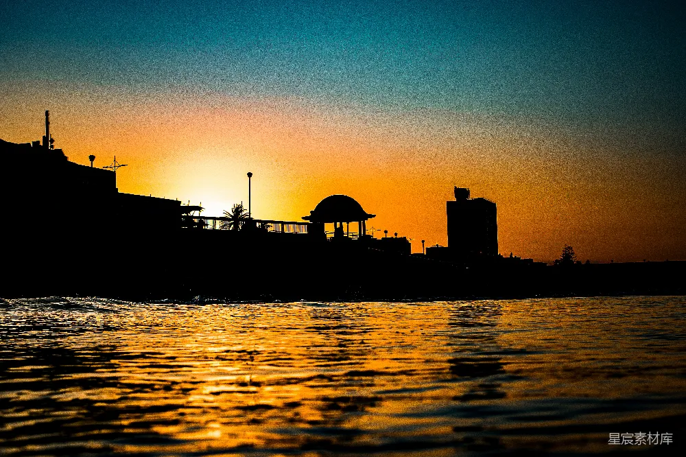 高清摄影 夕阳 海滨 剪影 城市 宁静 夕阳下的海滨剪影