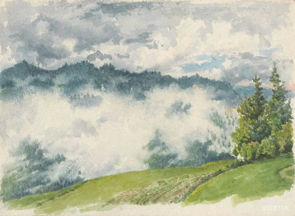 高清摄影 水彩画 风景 自然 晨雾 森林 晨雾中的森林水彩画