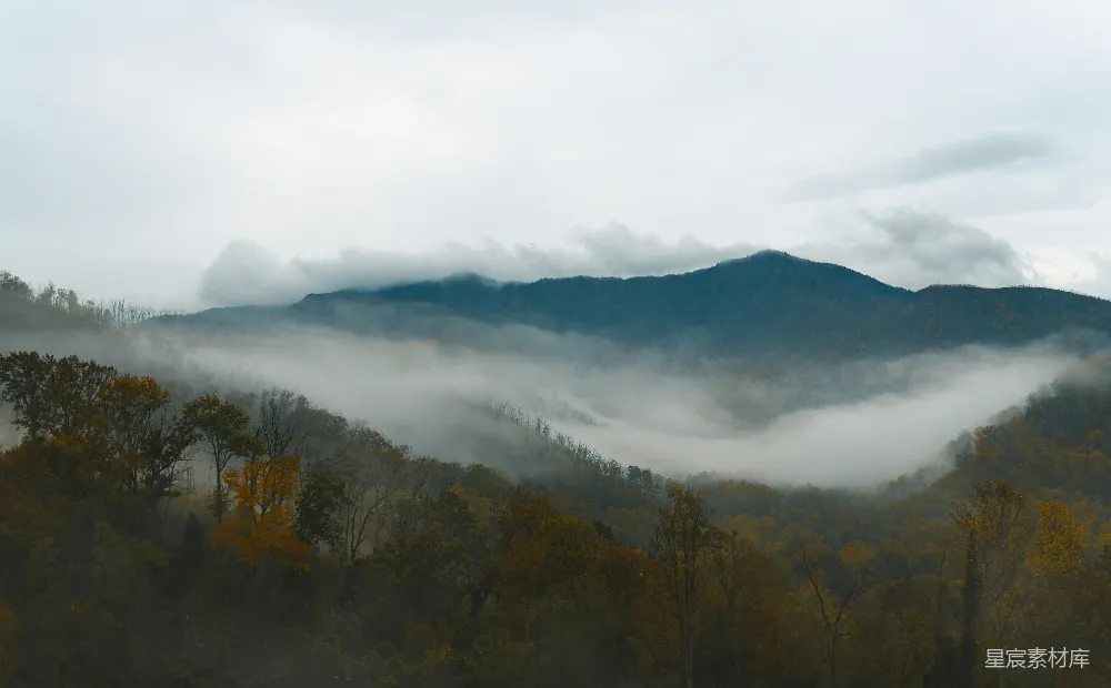 高清摄影 秋景 山景 雾气 自然 秋季 秋雾笼罩的山间