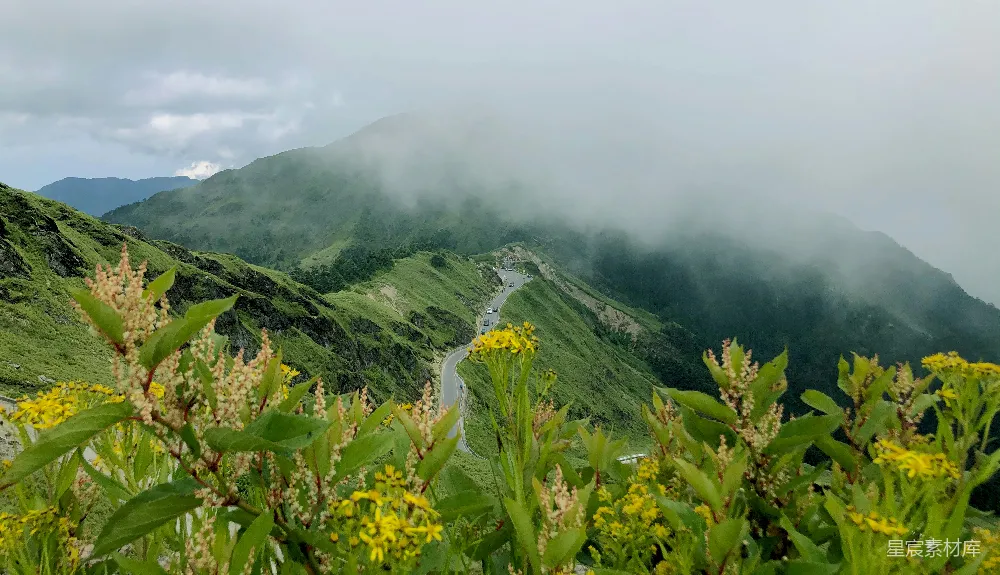 高清摄影 风景 自然 旅行 山脉 云雾 云海山间：绿色山脉与蜿蜒道路的宁静