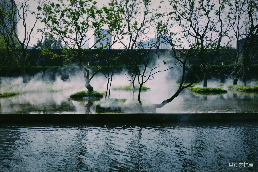 高清摄影 公园 雾气 水景 自然 城市 雾气缭绕的水景公园