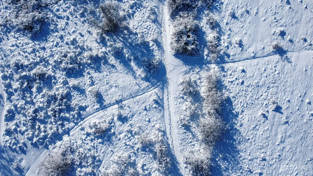 高清摄影 雪地 航拍 自然 冬季 宁静 雪地小径