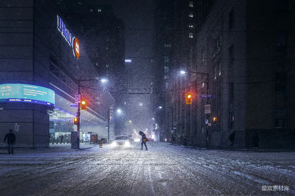 高清摄影 雪景 城市 夜晚 街道 灯光 雪夜中的城市街景