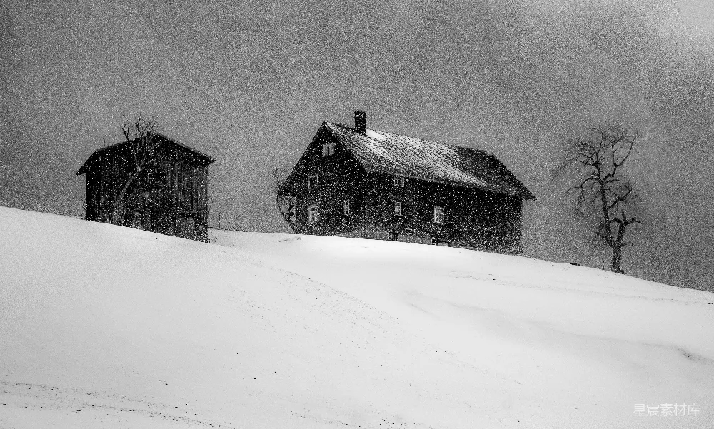 高清摄影 雪景 乡村 黑白 静谧 冬日 冬日雪景中的木屋