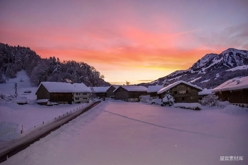 高清摄影 冬季 日落 山村 雪景 自然 冬日山间日落