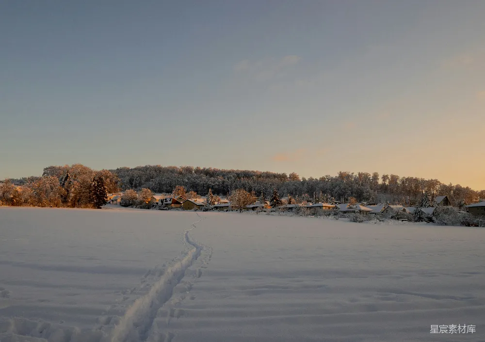 高清摄影 雪景 宁静 乡村 晨光 足迹 冬日清晨的足迹