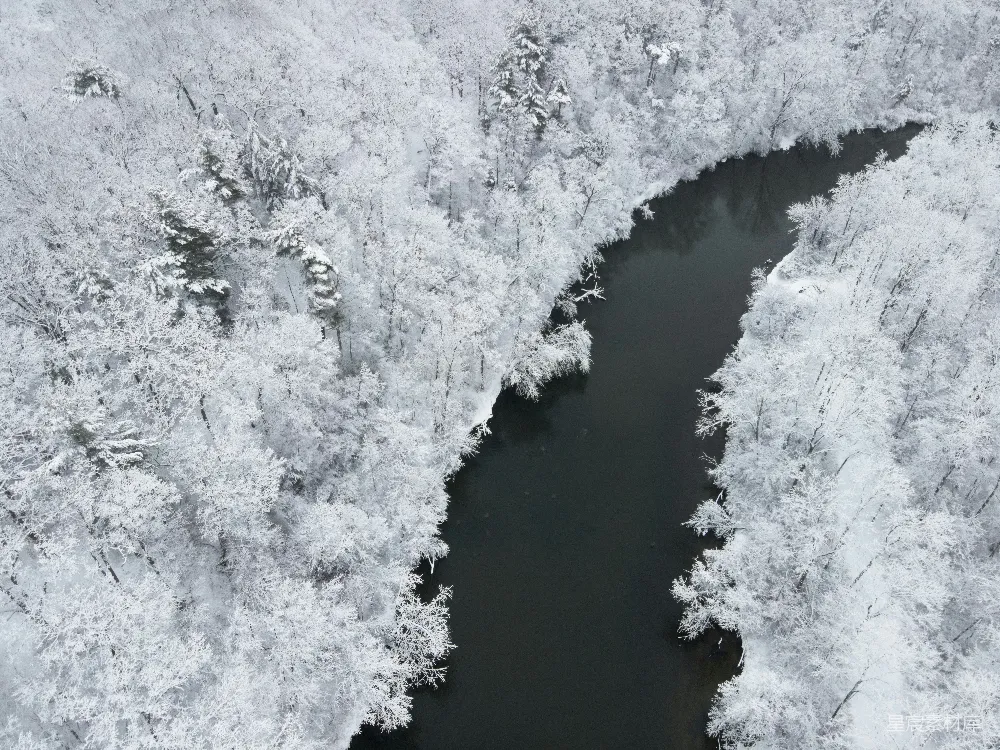 高清摄影 雪景 森林 河流 冬季 航拍 雪后森林与河流的宁静之美