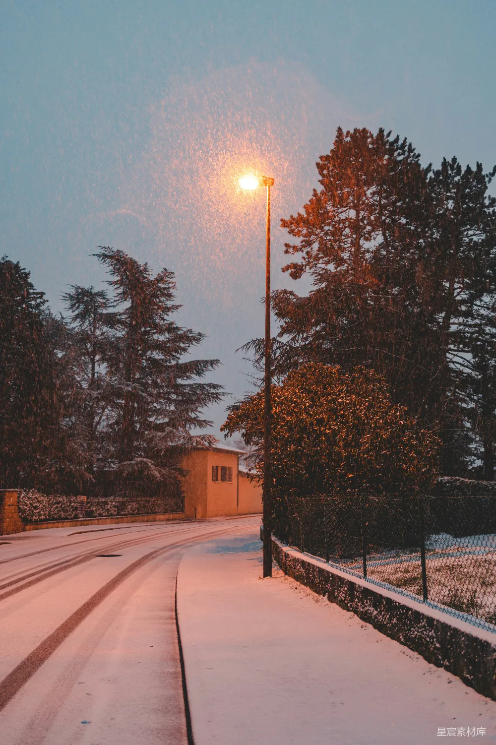 高清摄影 冬日 雪景 街灯 宁静 自然 冬日雪夜的街灯
