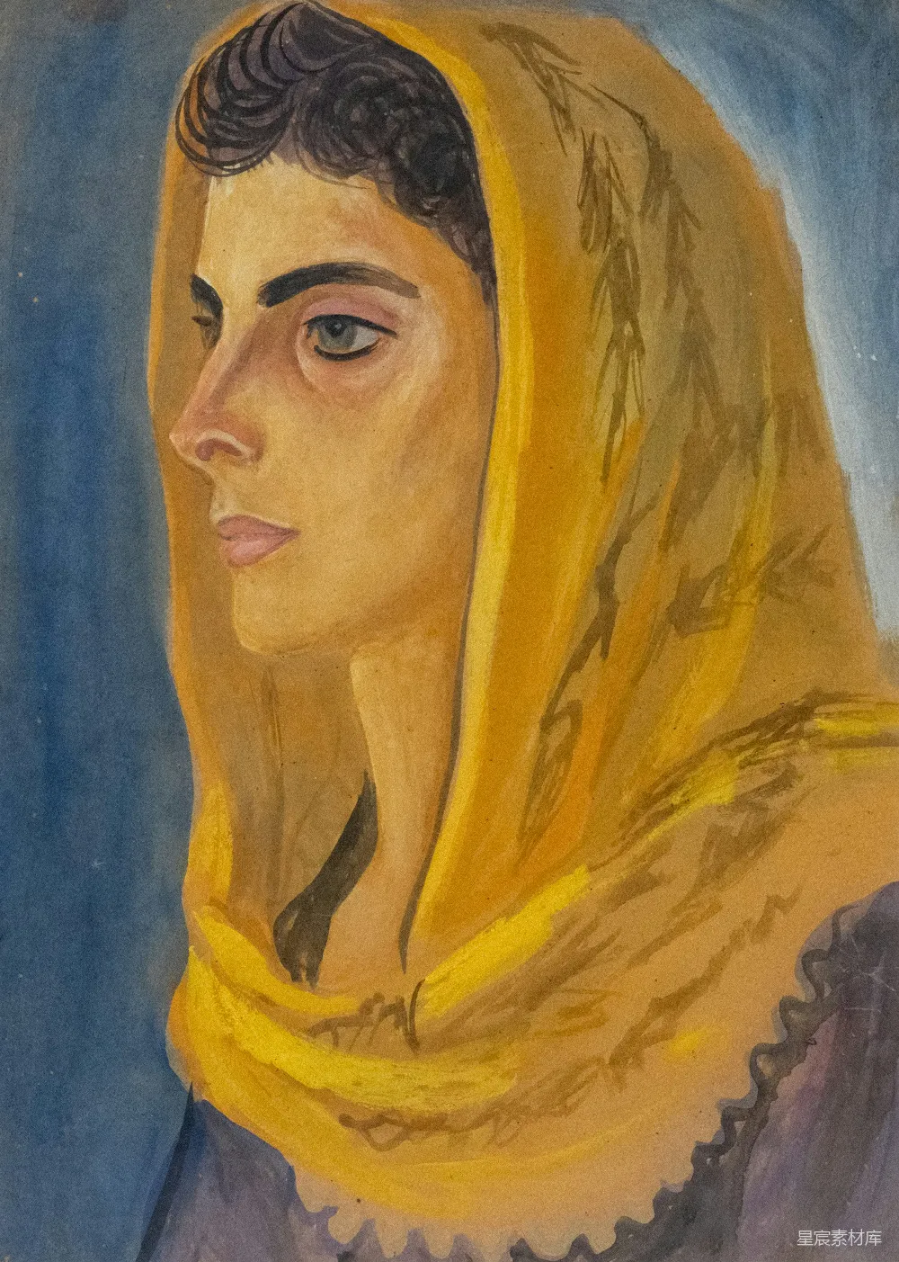 高清摄影 肖像画 女性 艺术 复古 头巾 黄色头巾的女性肖像