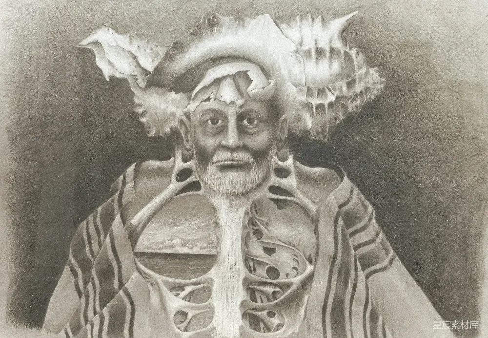 高清摄影 艺术插画 黑白素描 解剖学 超现实主义 肖像画 骷髅头骨下的人物肖像
